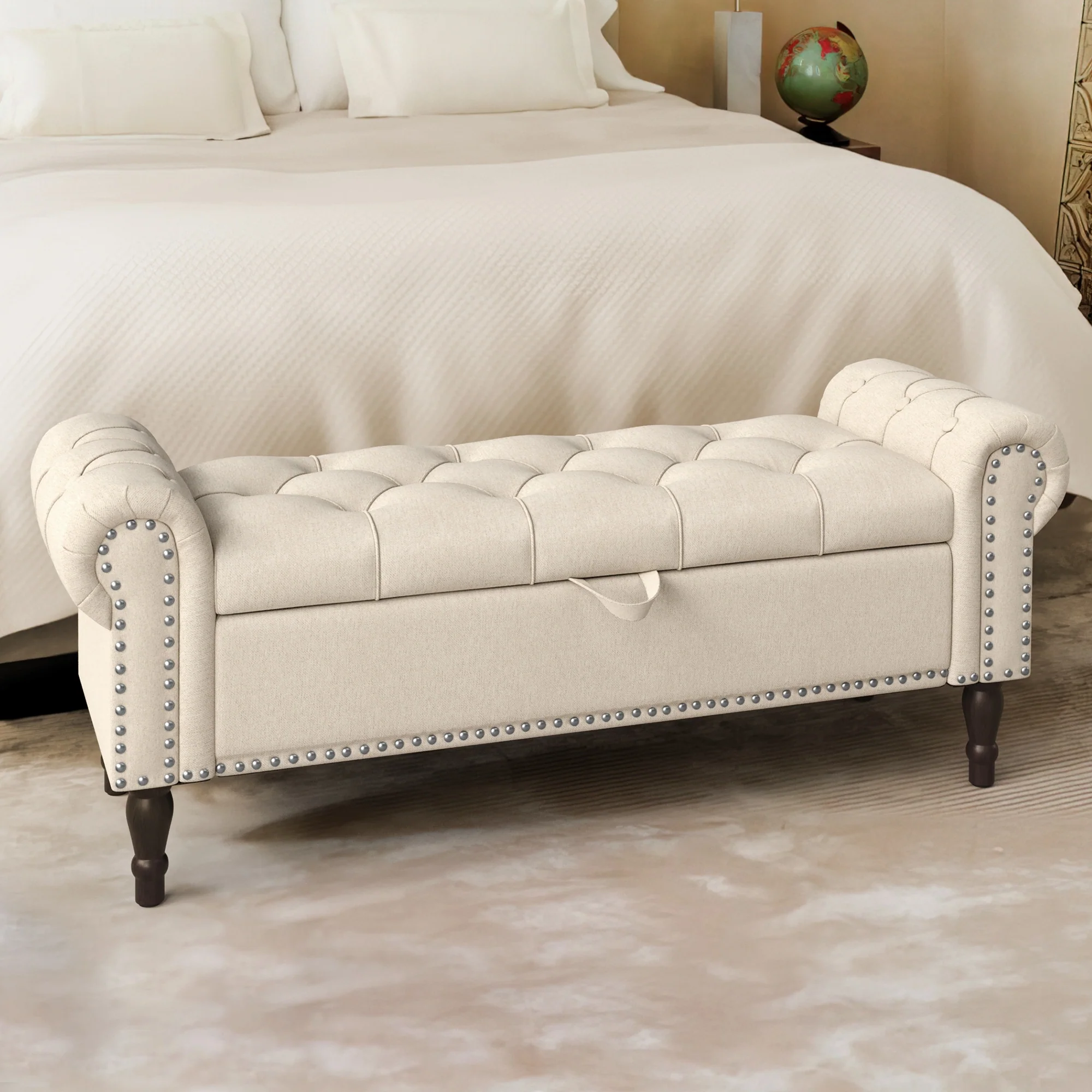 COZYMAN Modern Velvet Upholstered Storage Bench with Silver Nailhead Trim