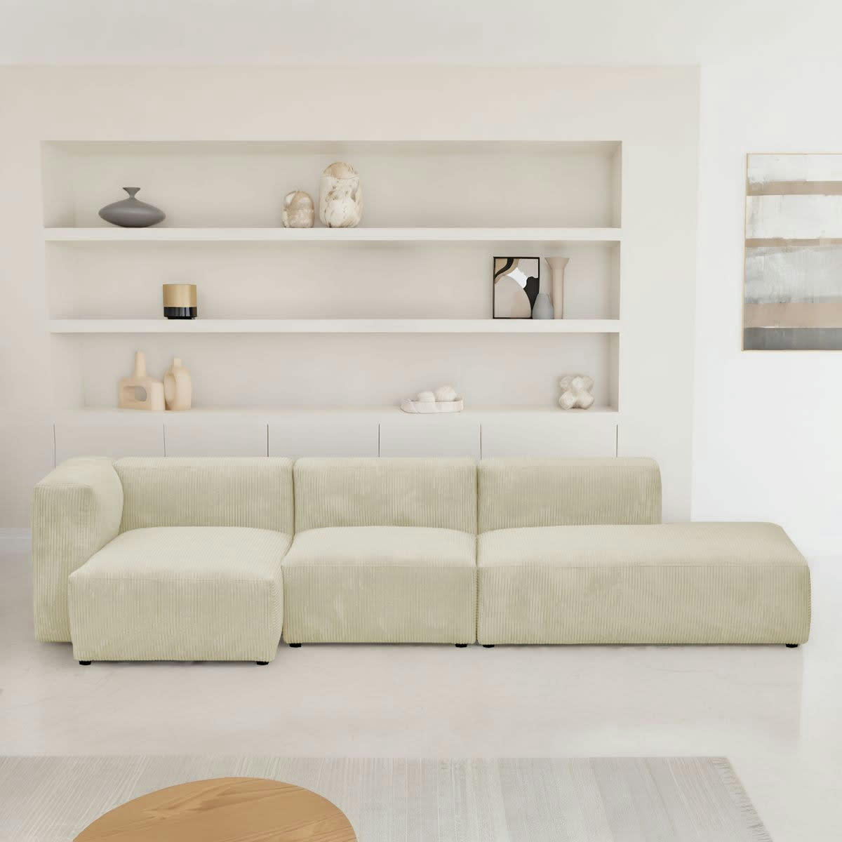 MODULO - Canapé modulable angle gauche 5 places en velours côtelé beige