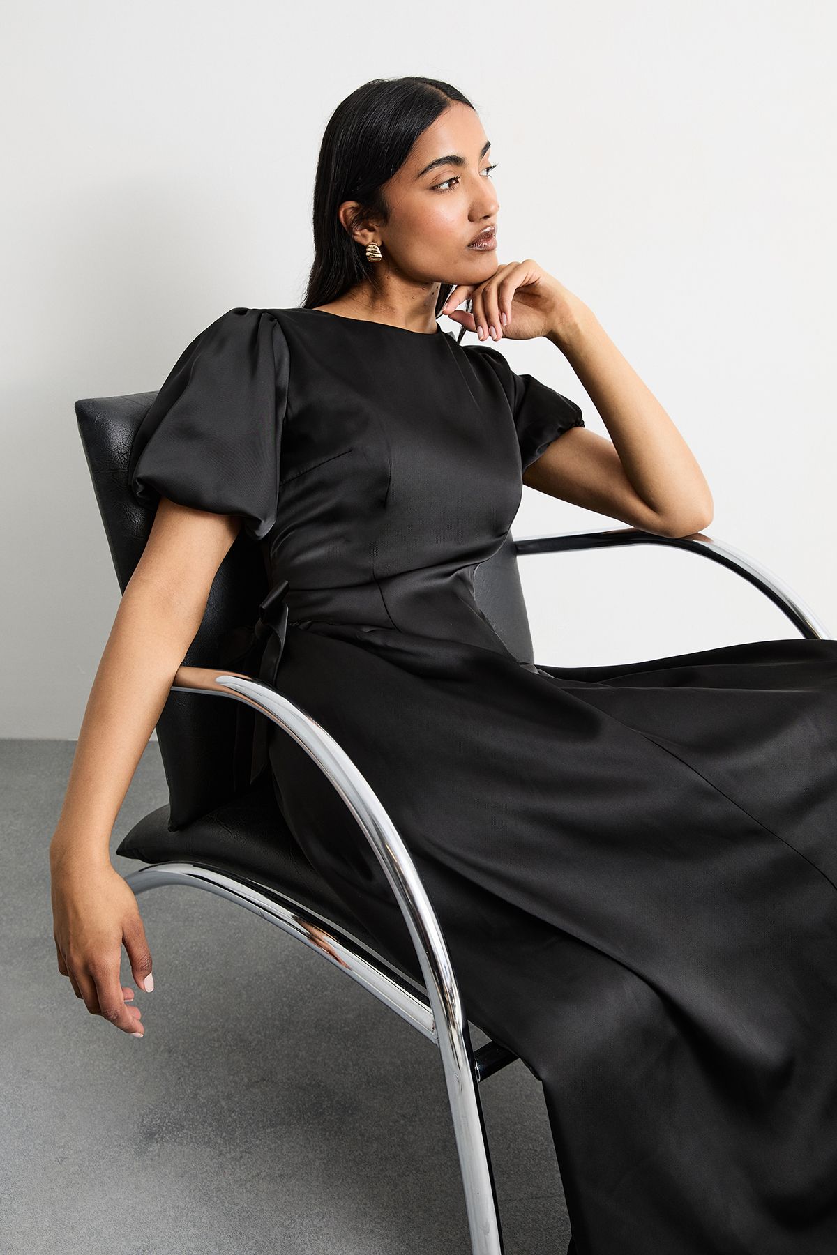 Warehouse Heavy Satin Bow Detail Godet Midi Dress