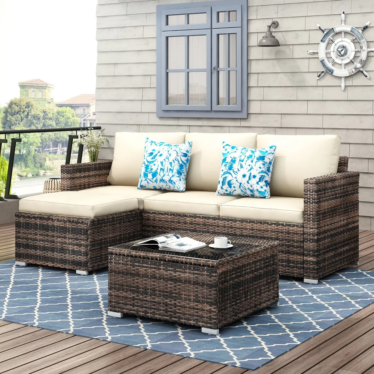 3-piece Outdoor Sectional Furniture All-weather Wicker Patio Conversation sets, Beige