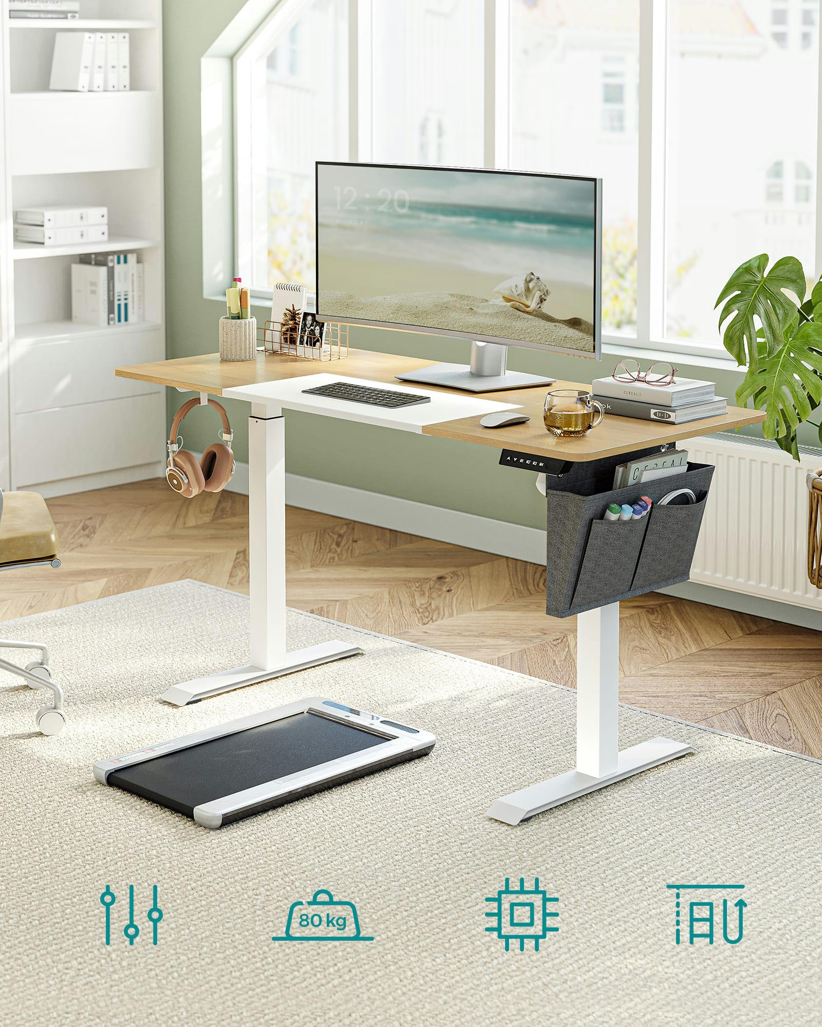 - Bureau assis-debout 140 cm effet bois jaune pastel