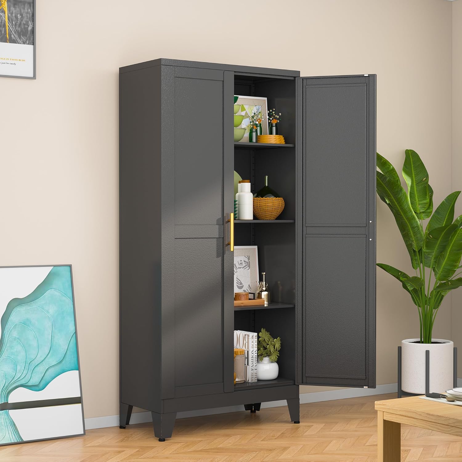 Black Metal Storage Cabinet, 48 Steel Cabinets for Home Office, Kitchen Pantry Storage Cabinet with Doors and 3 Adjustable Shelves, for Office, Home, Garage, School