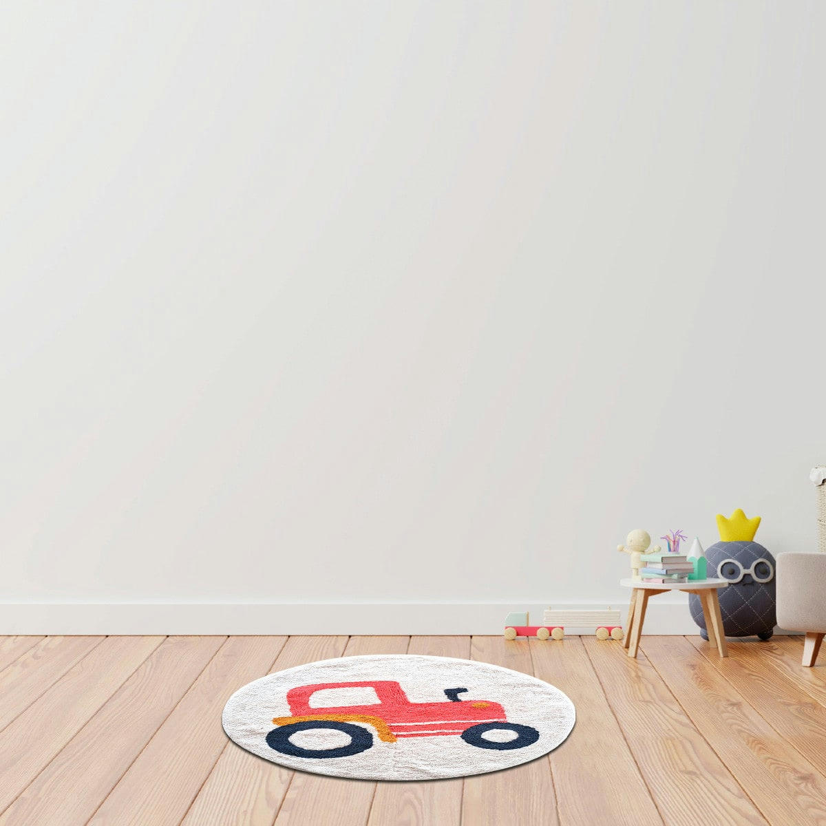 VEHICULES - Tapis enfant rond coton tufté blanc et rouge 80x80cm