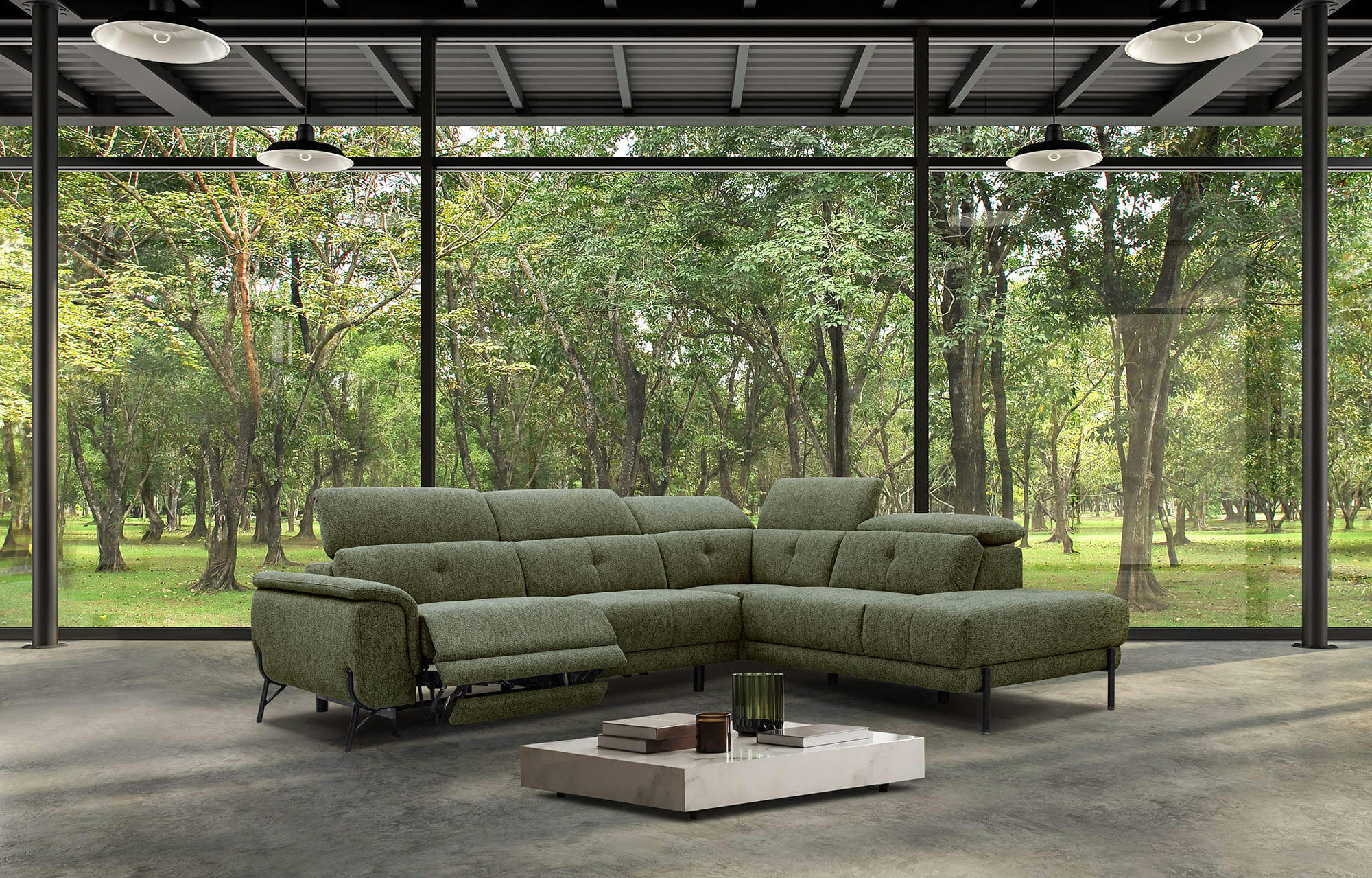 AVENA - Canapé d'angle droit 5 places avec une relax électrique tissu vert