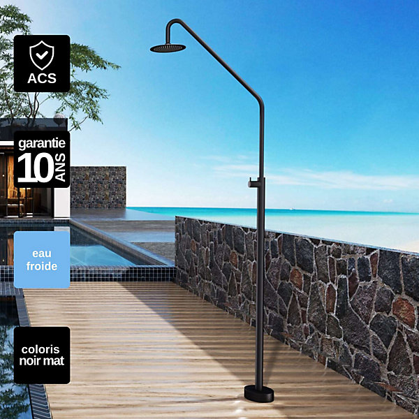 Douche de piscine Alaska en Acier Inox 316 Noir Mat - Tête D25cm - Corps D42mm- H. 2,25m - Garantie 10 ans - POOLIMEX