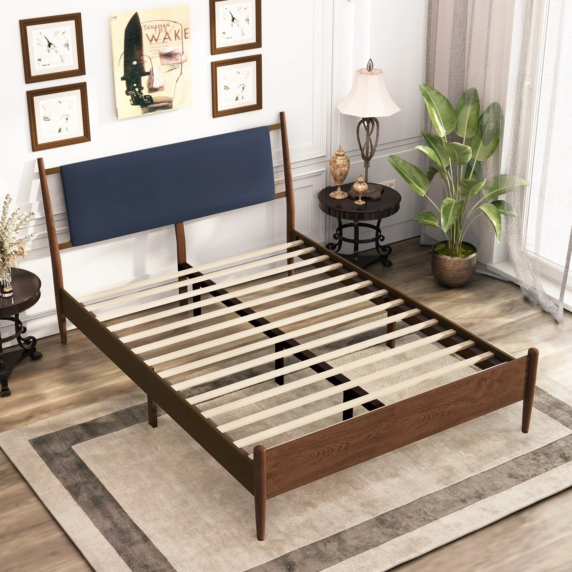 EROMMY Modern Solid Wood Platform Bed, Bed Frame with Headboard, Solid Wood Bed Frame with Wood Slat Support