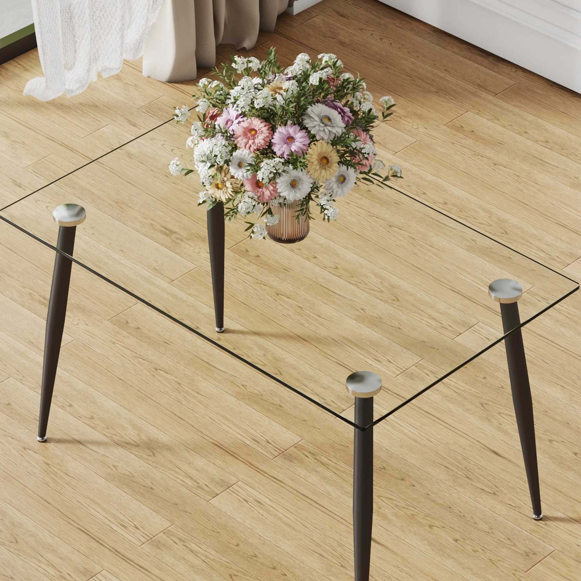 Modern rectangular glass dining table, equipped with tempered glass tabletop and metal legs, writing desk