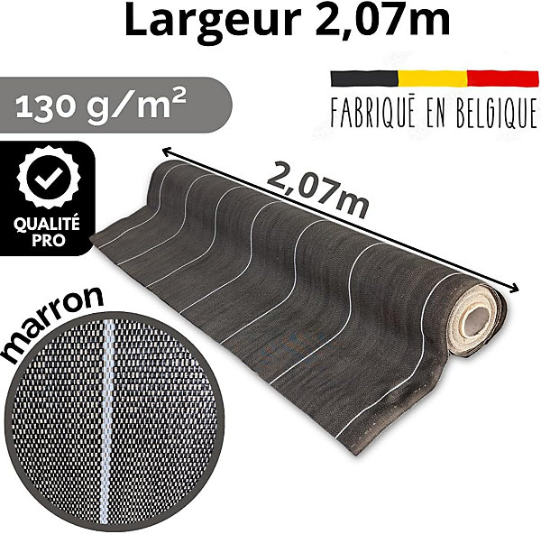 Pack Toile de paillage avec agrafes Longueur 25m Largeur 2,07m anti mauvaises herbes Couleur Marron 130gr m2 ZENLYS tissée Lot
