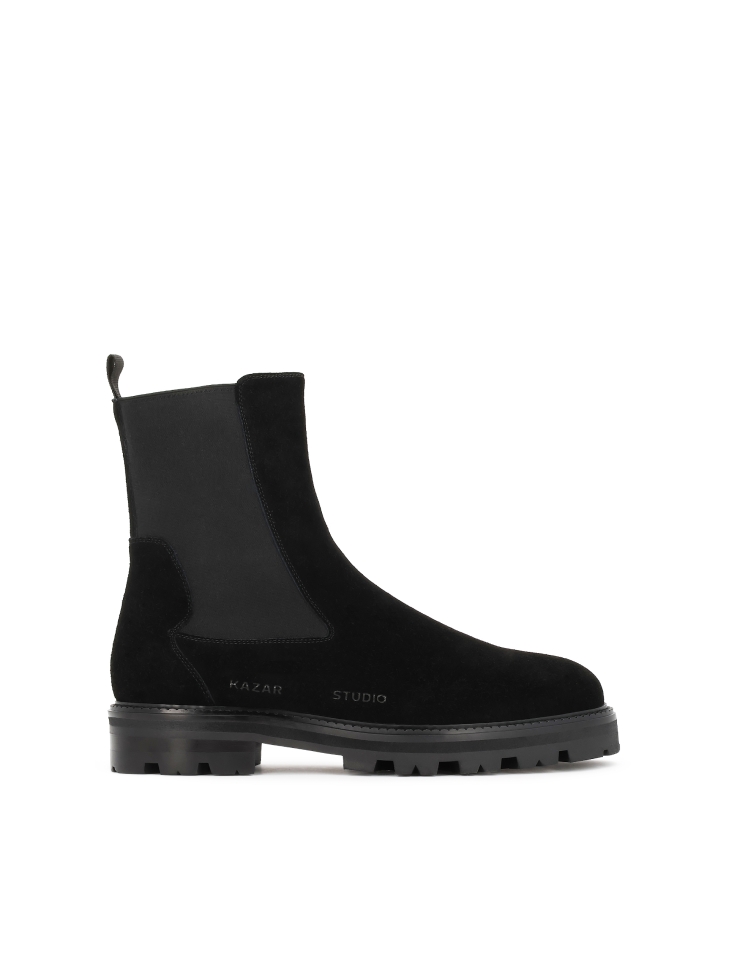 Black men's suede Chelsea boots with a solid sole