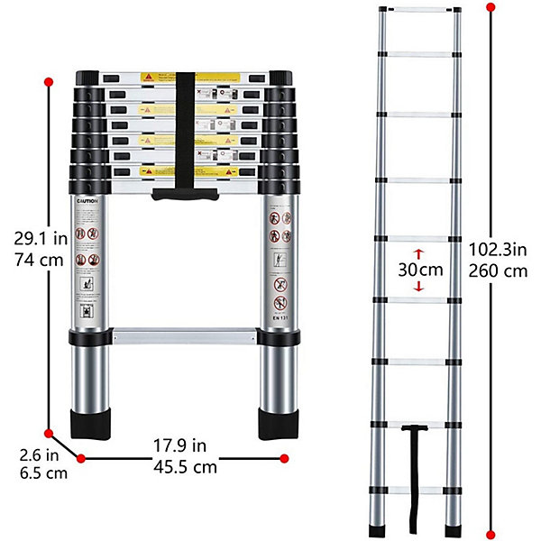échelle Télescopique Kraft M&uuml;ller 2,6M en ALU, Charge 150kg, Pliable Extensible Unique Droite Multi-fonction, Bricolage