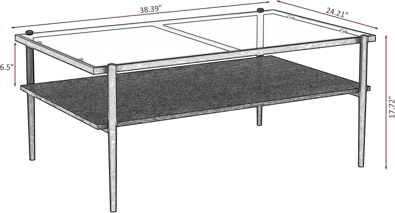 Casaphoria Rectangle Coffee Table, Modern 2-Tier Center Table with Gray Tempered Glass Top & Black Metal Legs, Living Room Furniture with Open Storage Shelf, 38.4 Inch