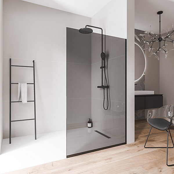 Paroi de douche italienne 160x200cm, verre fumé NANO 10mm, profilé mural   sol noir mat - EX102