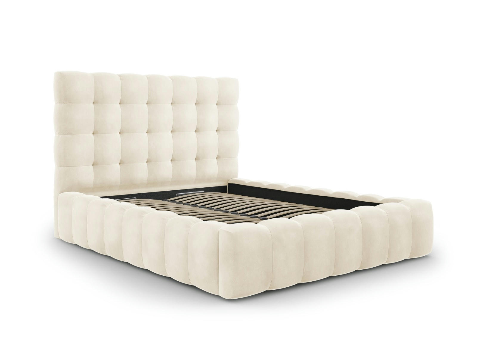 MAMAIA - Lit coffre en avec tête de lit 160x200cm en tissu velours beige clair