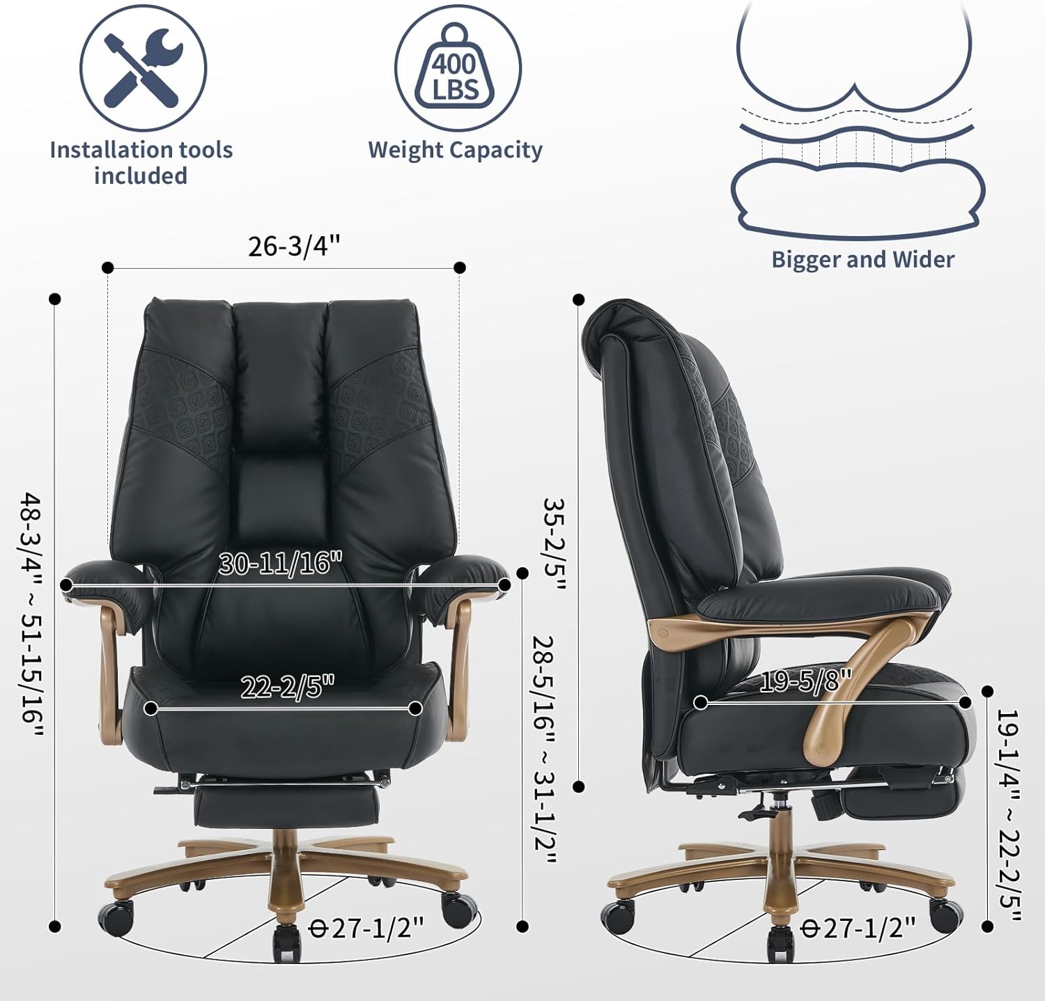 Big and Tall Executive Office Chair with Footrest, 400LBS Capacity Ergonomic High-Back Desk Office Chair with Lumbar Support, Padded Armrests & Thick Cushion, Black PU Leather Chairs