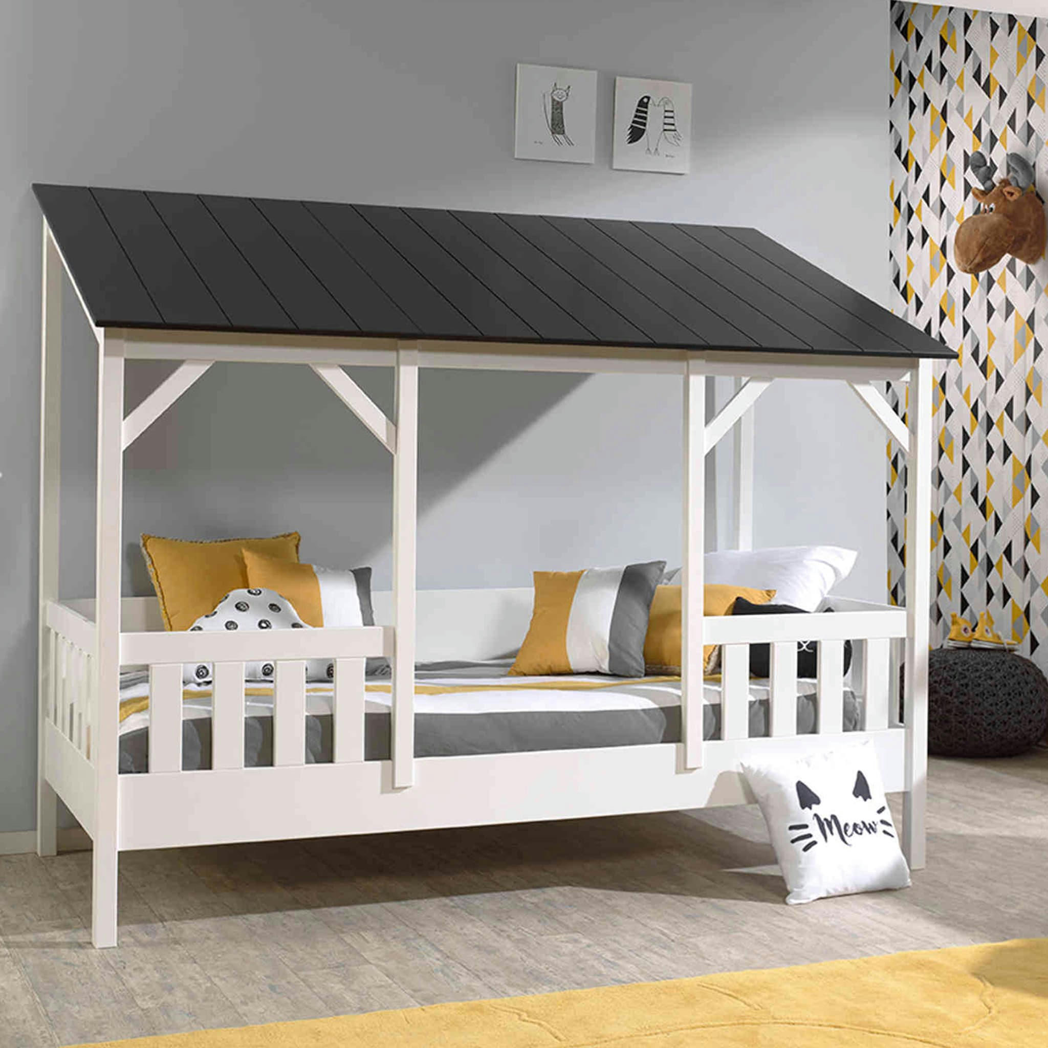 - Lit cabane enfant avec toit noir en bois 90x200