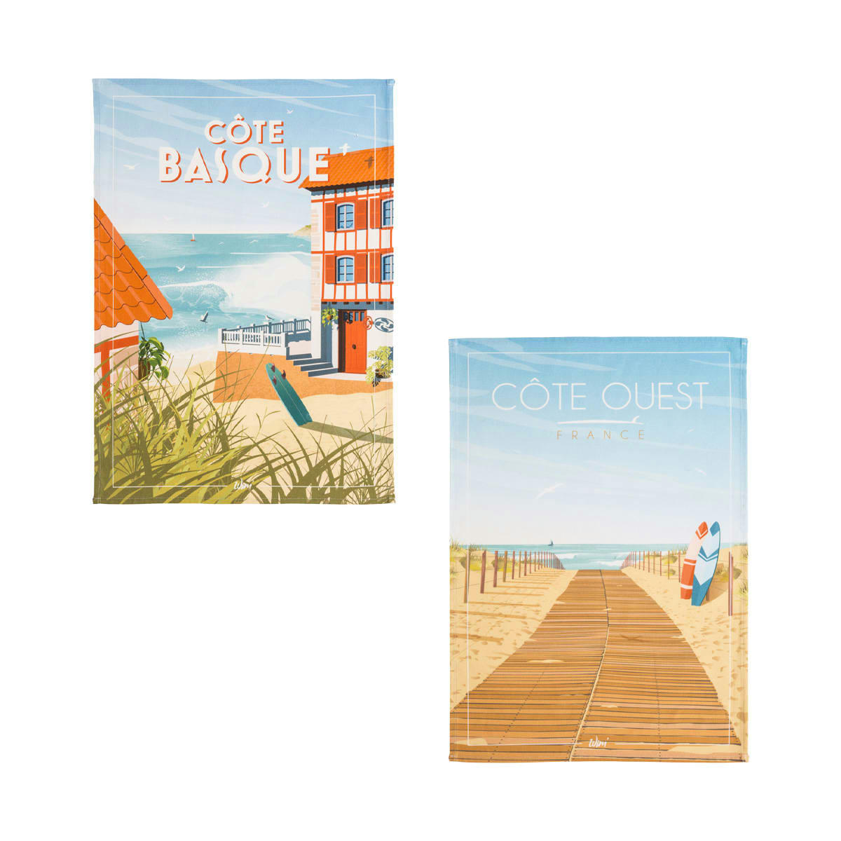 CÔTE OUEST - Lot de 2 torchons imprimés en coton multicolore 50x75