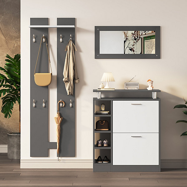 Meuble d'entrée - Vestiaire Mural avec Miroir, Patères, étagère Supérieure et Meuble à Chaussures - 80x25x96.5 cm - Gris