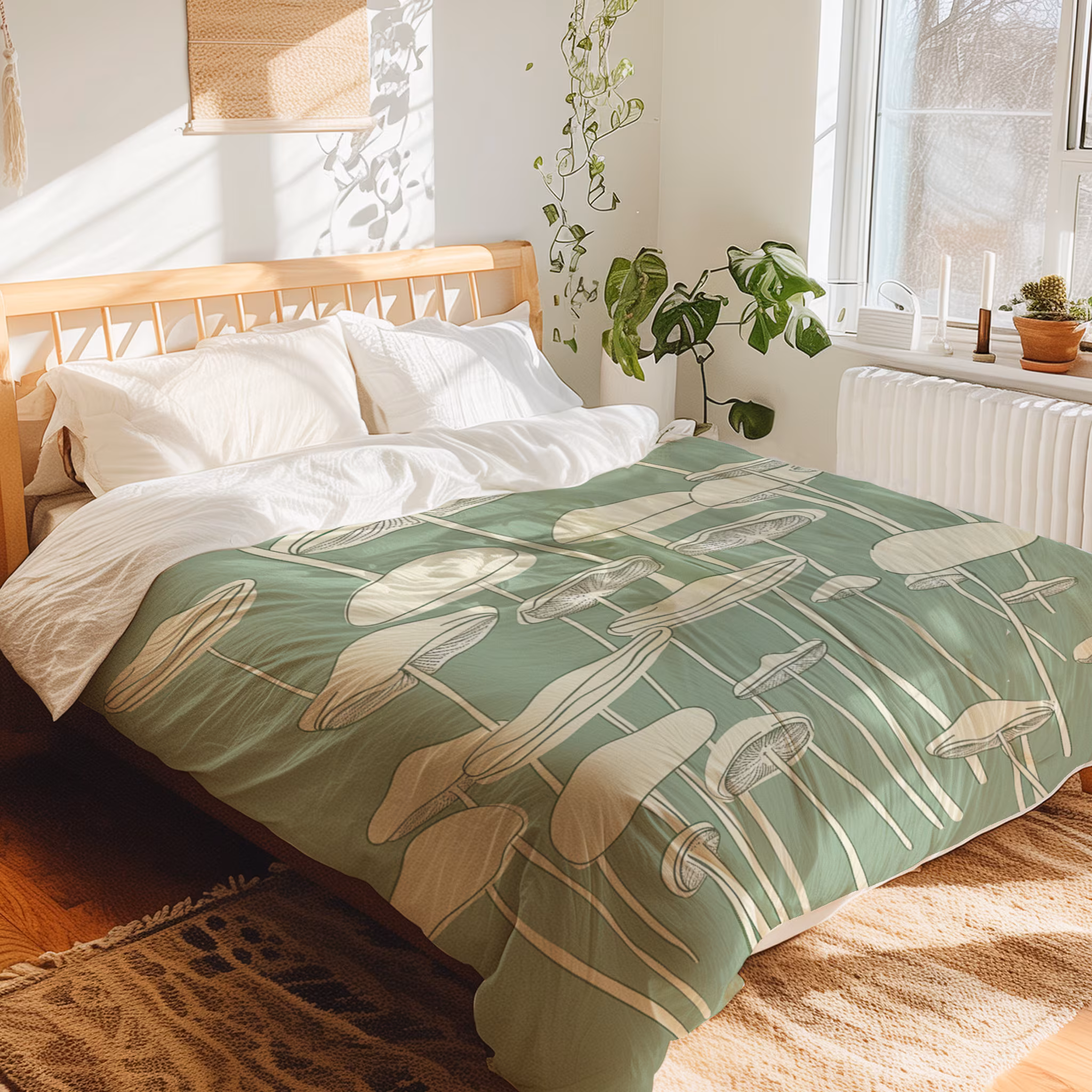 Mushrooms On Sage Green Duvet Cover Cottagecore Bedding