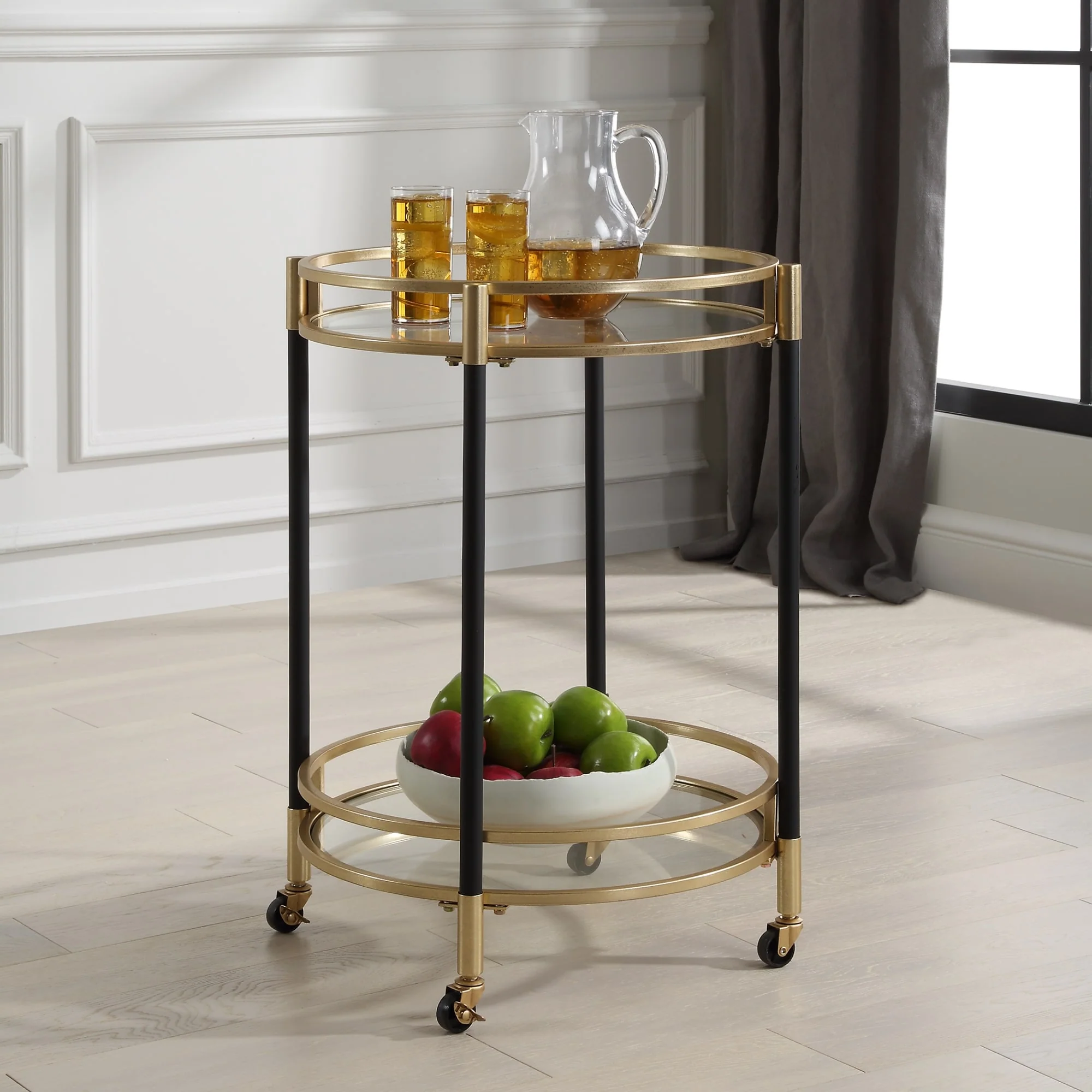 Two Tier Round Bar Serving Cart - 29.75 - Black and Gold