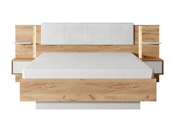 Lit avec chevets 160 x 200 cm - Avec LEDs - Coloris : Naturel et blanc   Sommier - ELYNIA