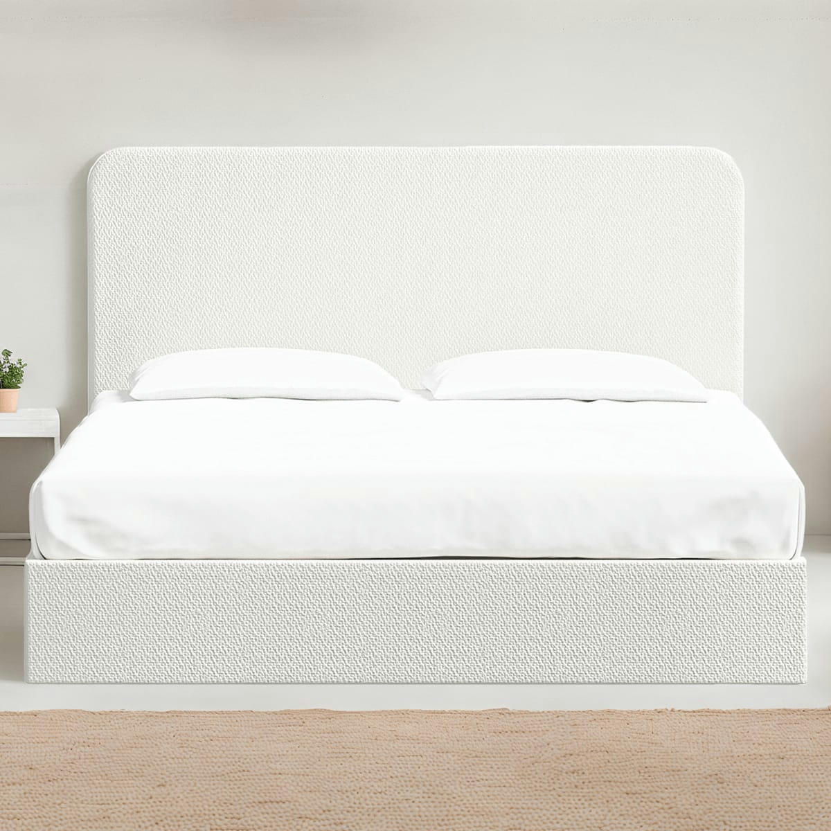 ENSEMBLE ENZO - Lit 140 x 190 en tissu bouclette écru + tête de lit et sommier