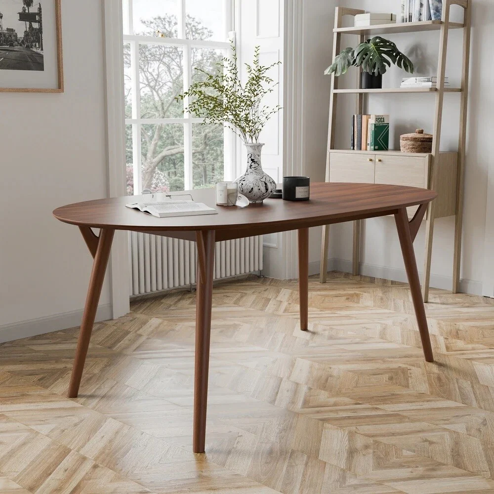 Oval Wooden Dining Table with Angled Legs in Walnut