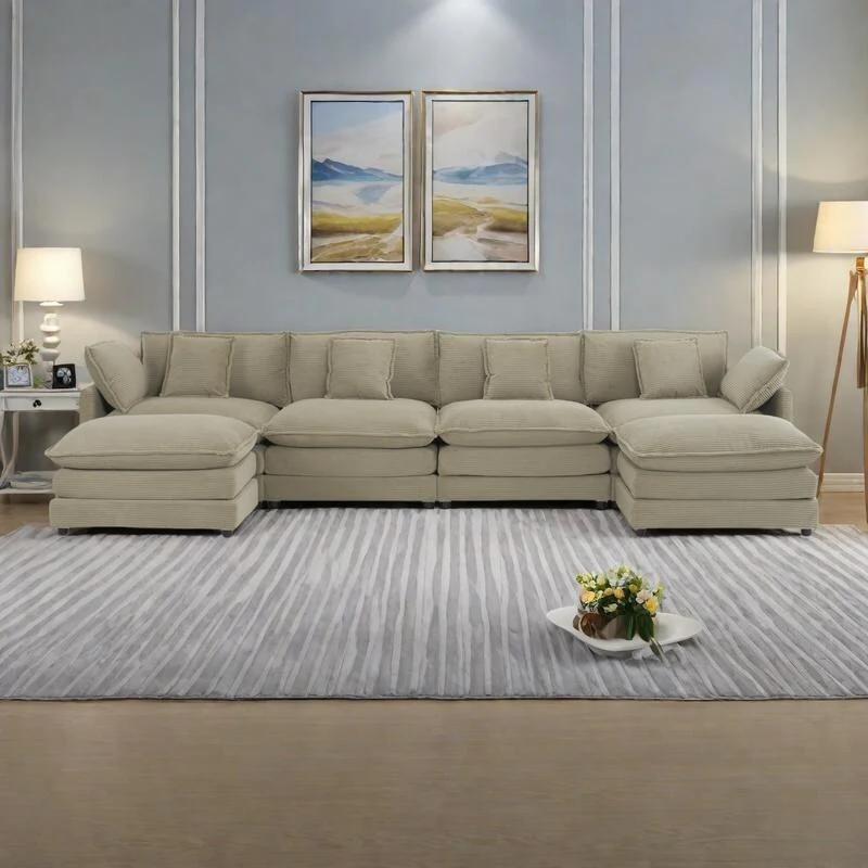 149.6 Corduroy U-Shaped Sectional Sofa with 2 Ottomans and Storage Pockets