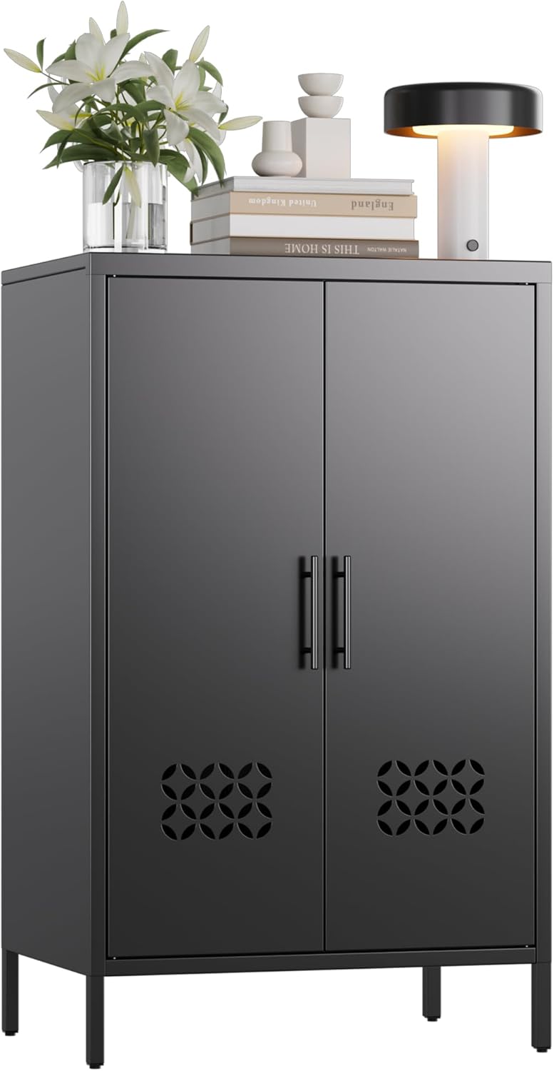 Metal Storage Cabinet with Adjustable Shelves,Metal Sideboard Cabinet with 2 Doors for Home,Office, 42 H x 26 W x 14 D,Assembly Required,Black