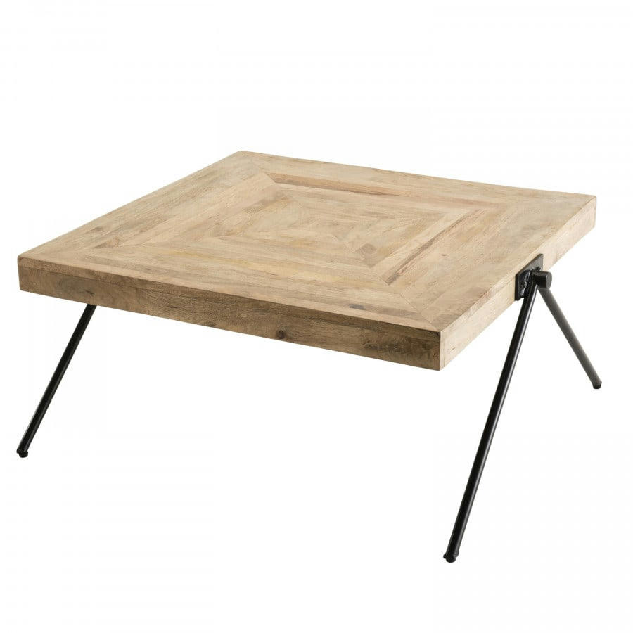 ROBIN - Table basse carrée bois manguier pieds métal noir compas L87