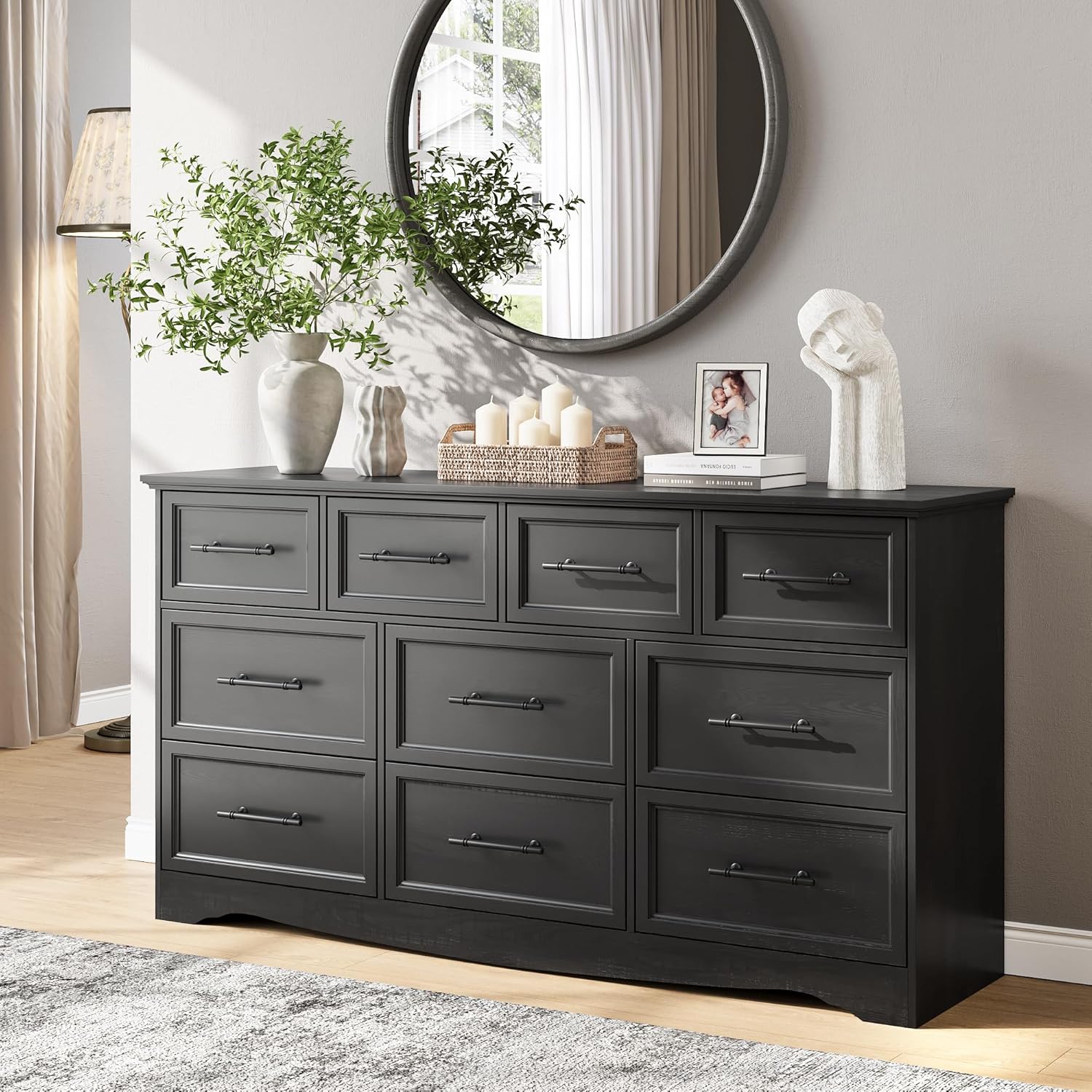 Black Dresser for Bedroom, 10 Drawer Dresser, 59 Wide Chest of Drawers w/Brushed Metal Handle, Wood Dressers TV Stand, Closet Organizers and Storage Cabinet for Bedroom, Living Room, Hallway
