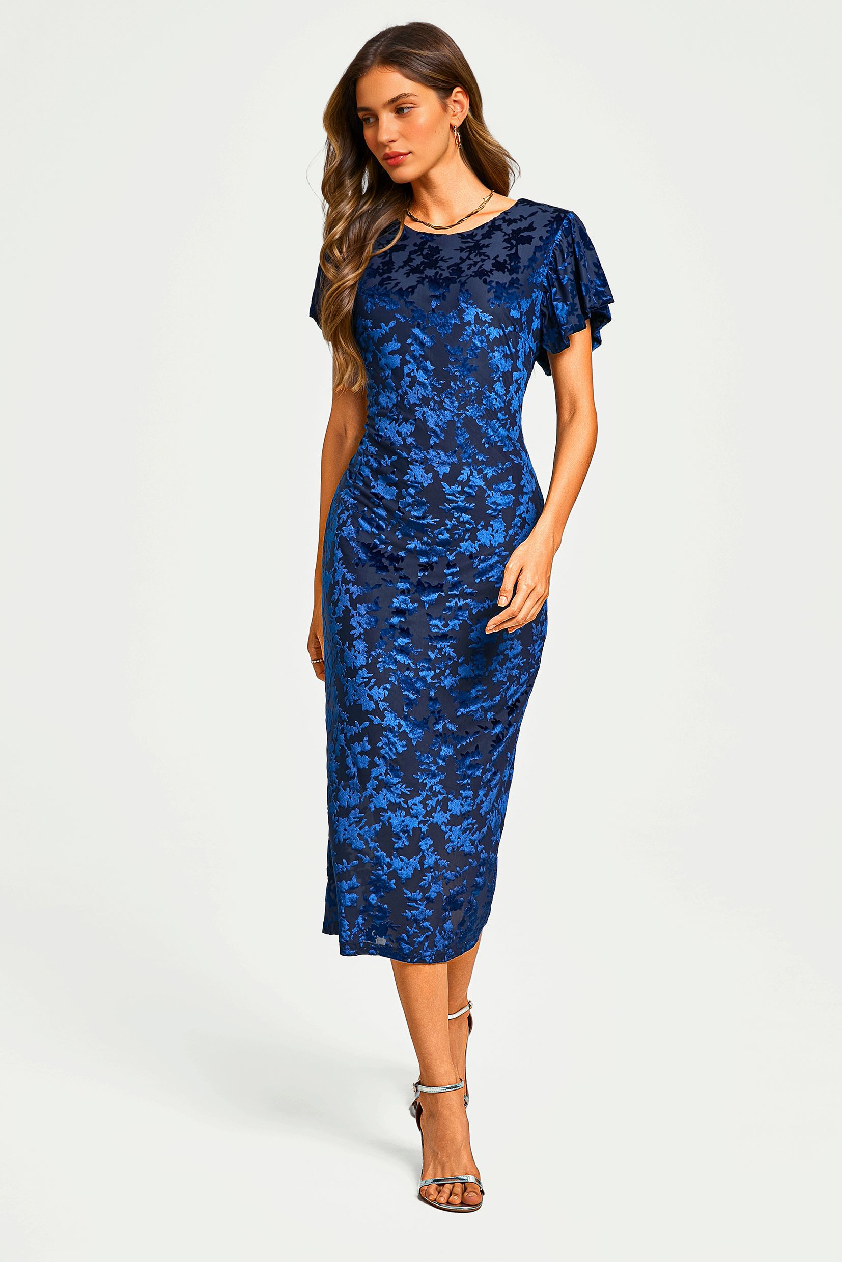 FS Collection Floral Velvet Devore Puff Sleeve Bodycon Midi Dress In Navy