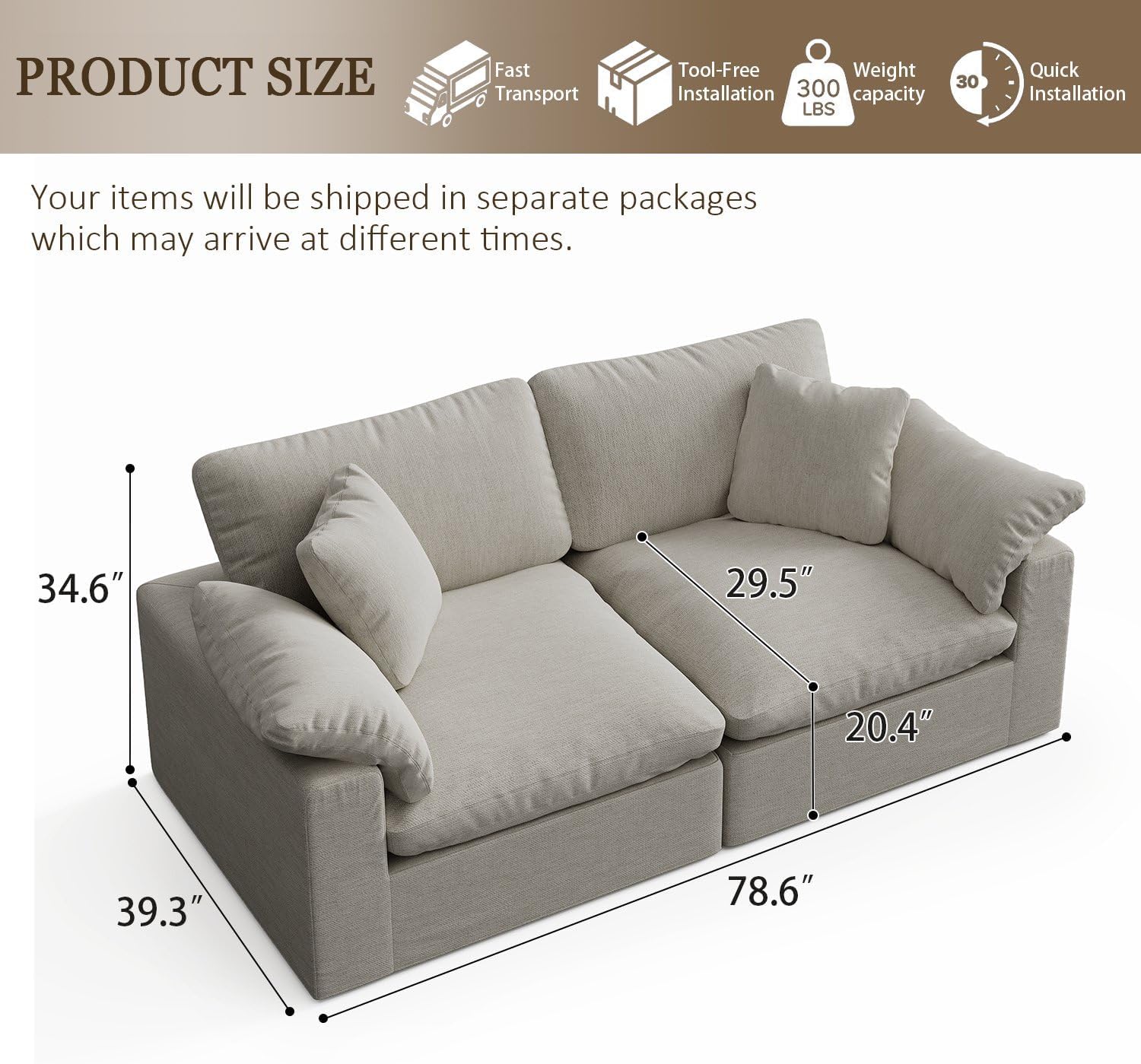 Modular Sectional Sofa Cloud Couch,78.6 Down Filled Comfy Cloud Modern Sofa,2 Seater with Light Beige Linen Couch Cushion Covers Removable Furniture for Living Room