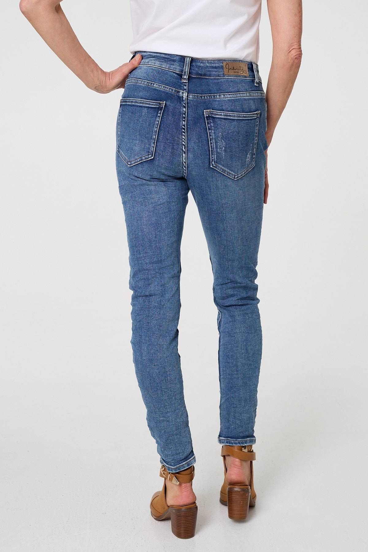 Izabel London Patchwork Detail Frayed Skinny Jeans