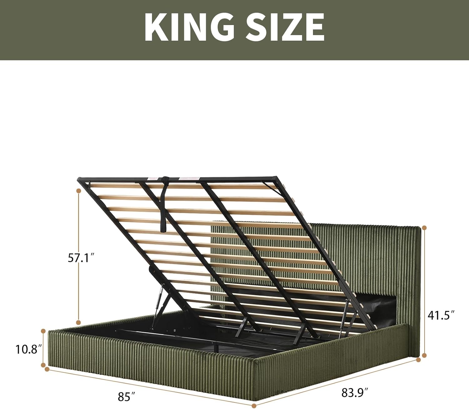 YUHUASHI King Size Storage Bed Frame, Vertical Striped headboard with Delicate Velvet Fabric, Hydraulic Lift for Storage, no Box Spring Needed, no Noise (Green, King (U.S. Standard))