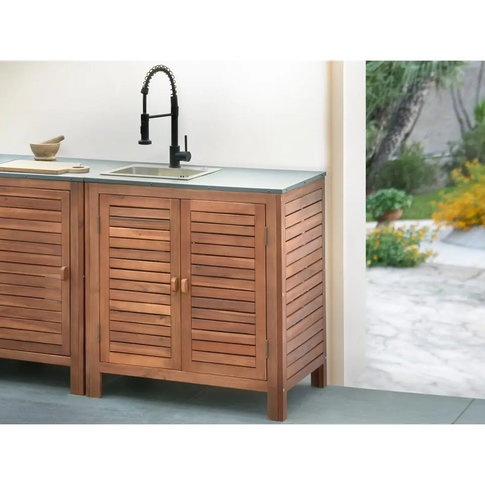 BRUCOLI - Buitenkeukenkast met spoelbak - Bruin/Zwart - Acaciahout