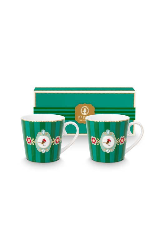 Pip Studio Mokken - Love Birds Medallion - Groen Gestreept - 300ml - Set van 2