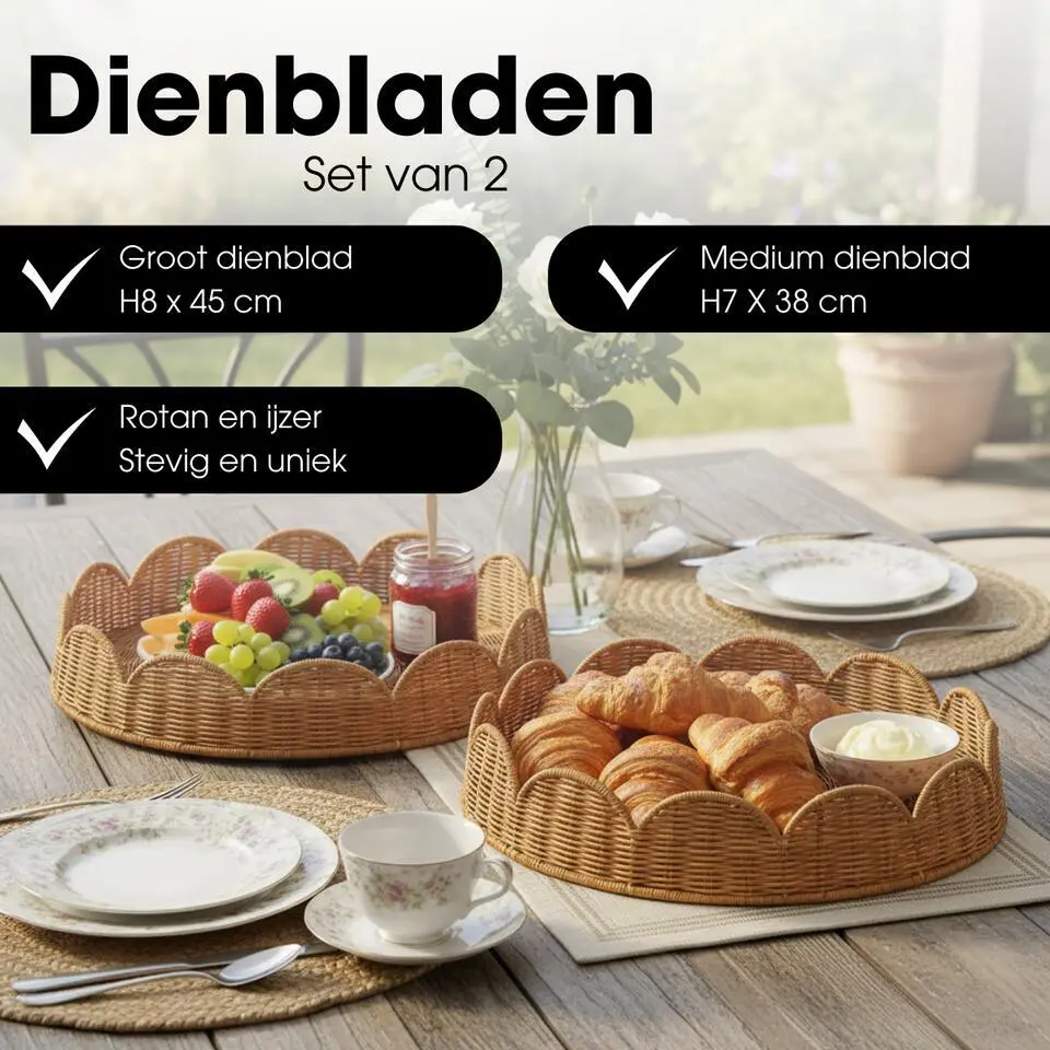 Mica Decorations Eleta Rond Dienblad - Set van 2 - Rotan