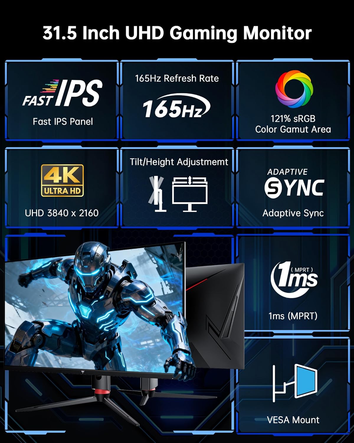 KTC 32 Inch 4K Gaming Monitor  165Hz UHD (3840x2160P) Fast IPS Screen  1ms (MPRT)  Adaptive Sync  3000:1 Contrast 121% sRGB HDMI 2.1 Display Port 1.4  Tilt/Height Adjustment  VESA Mount  H32P22P