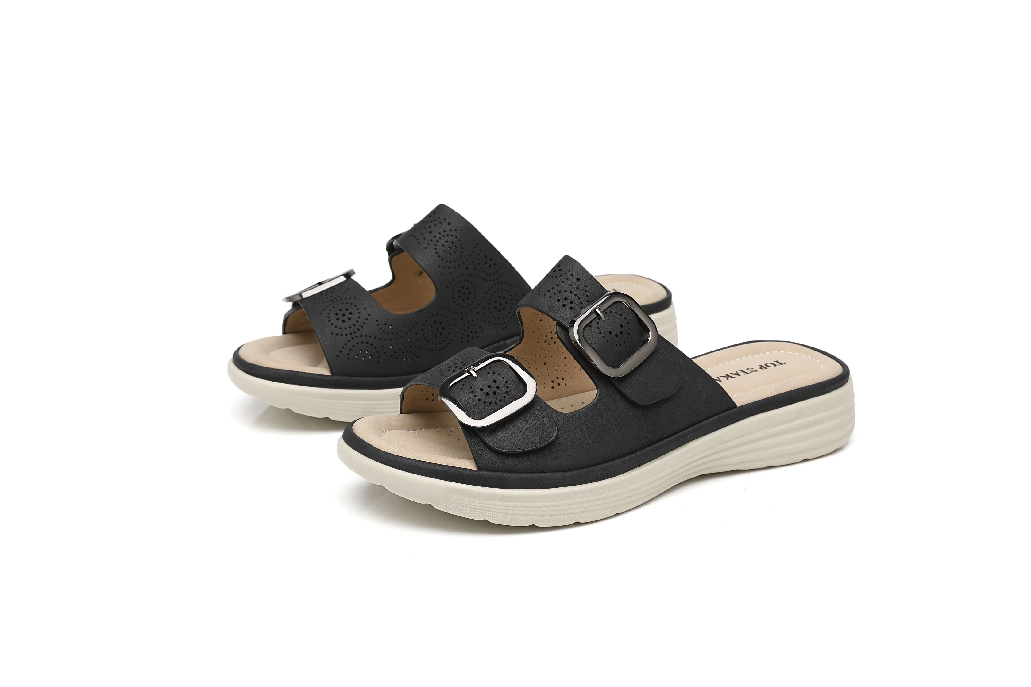 IVACHY Double Strap with Buckle Cushioned Mule Slippers Slide Sandals