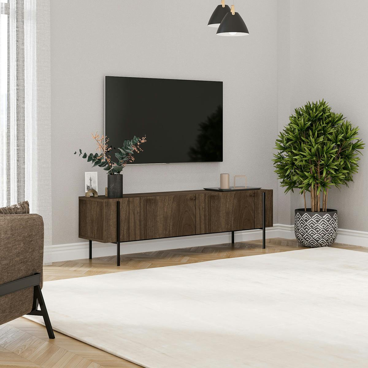 Meuble TV design effet bois foncé pieds noirs baguette JENA