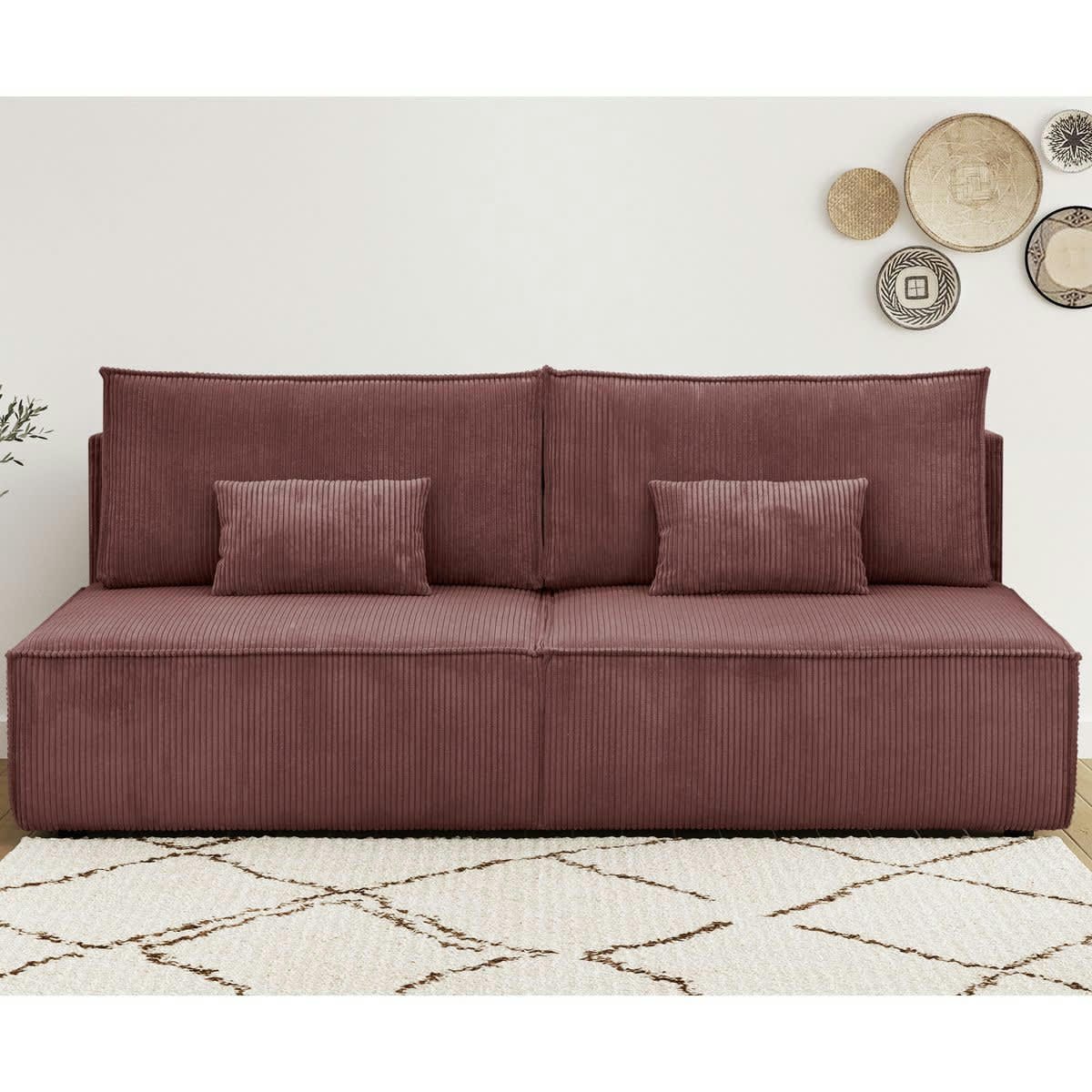 MILLA NEW - Canapé convertible 3 places avec coffre en velours côtelé vieux rose