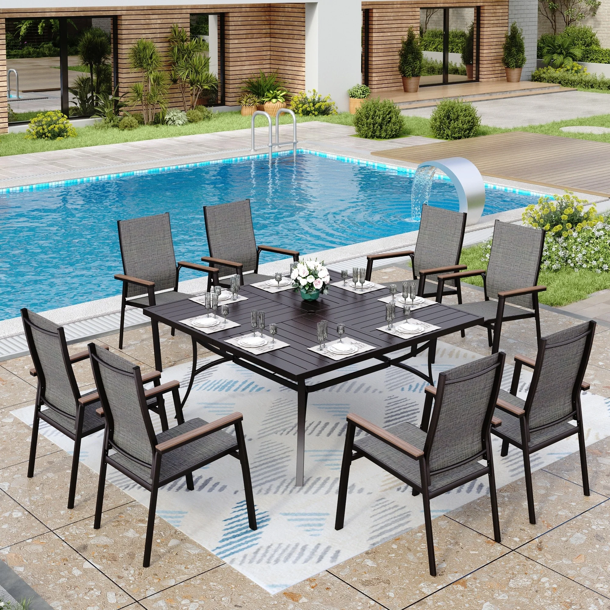 MAISON ARTS 9 Piece Patio Dining Set with 8 Stackable Textilene Chairs and 1 Metal Table