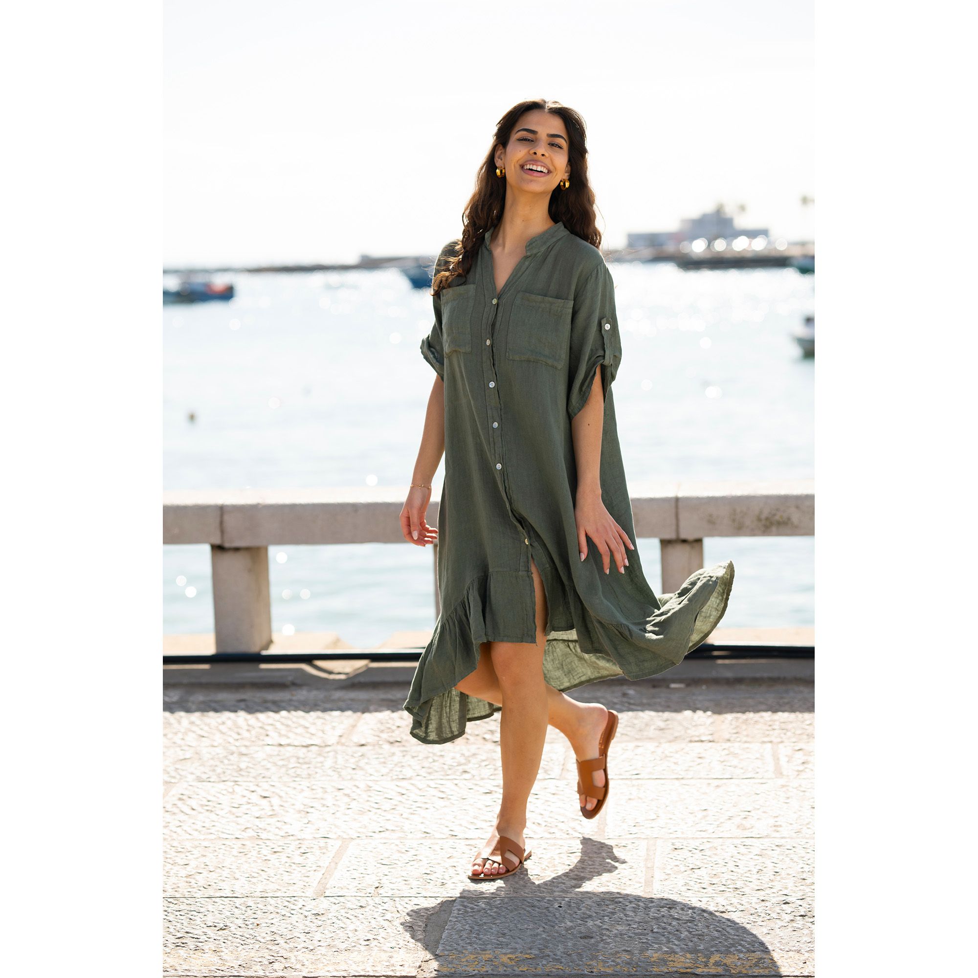 Yumi Khaki Italian Linen Shirt Dress With Frill Hem