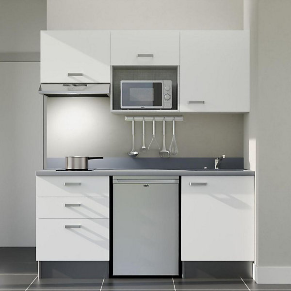 Kitchenette K20 - 180 cm - façades Blanc - Plan monobloc en quartz coloris Cromo évier à droite - Electroménager Inox