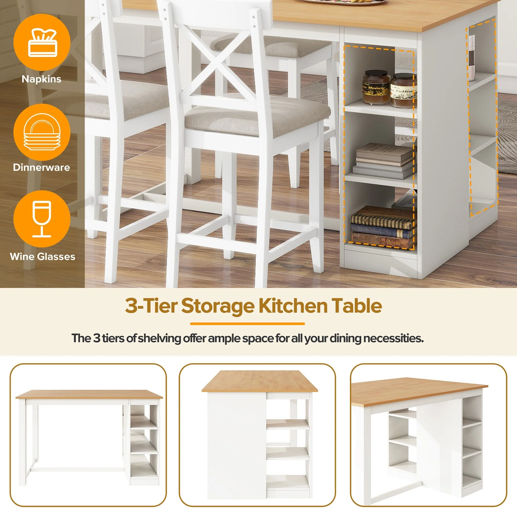 Solid Wood Farmhouse Counter Height Dining Table Set with 3-Tier Storage Shelves, Upholstered Dining Chairs for 4, 5-Piece