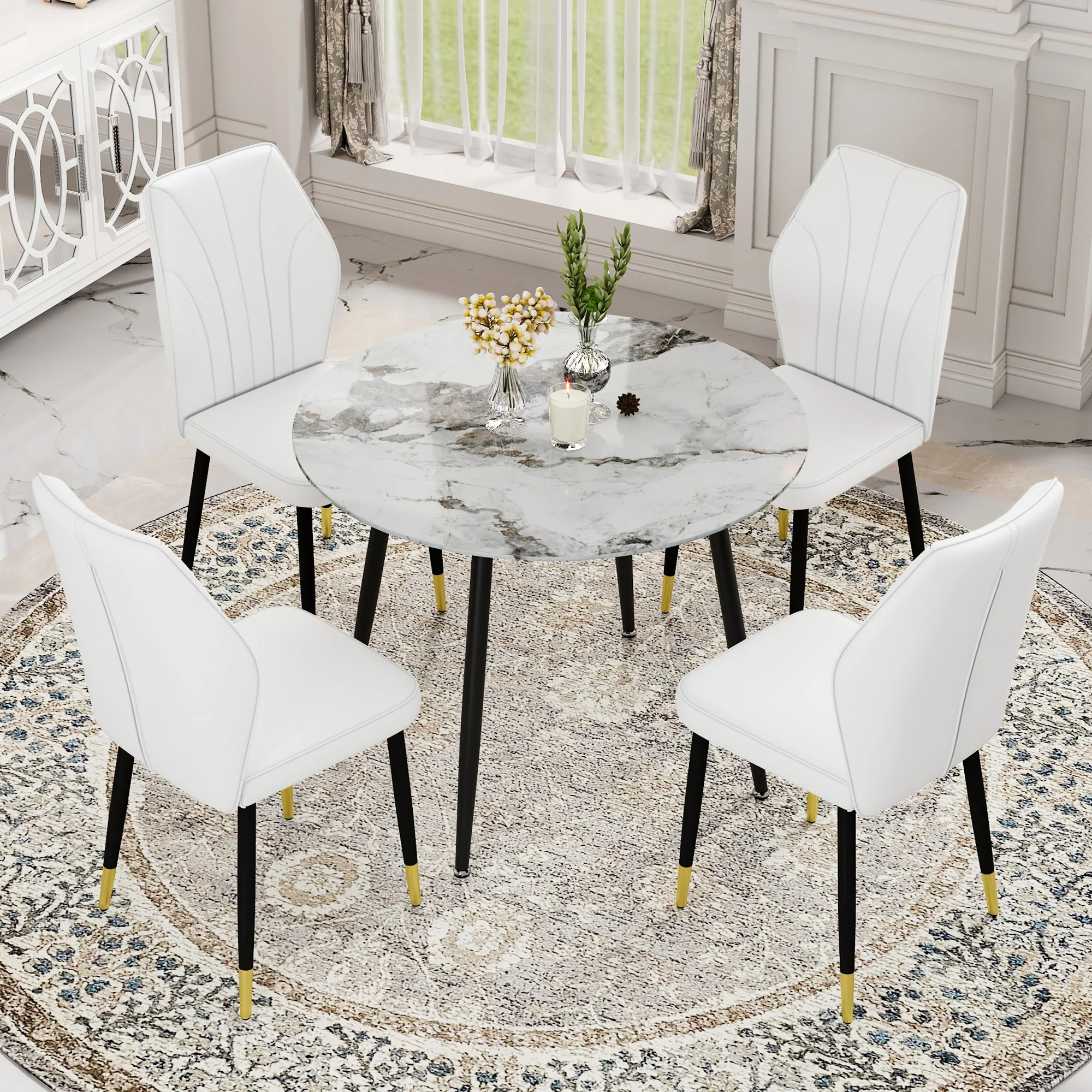 Modern Style 5-Piece Dining Set with Round Table and 4 PU Widened Backrest Upholstered Dining Chairs