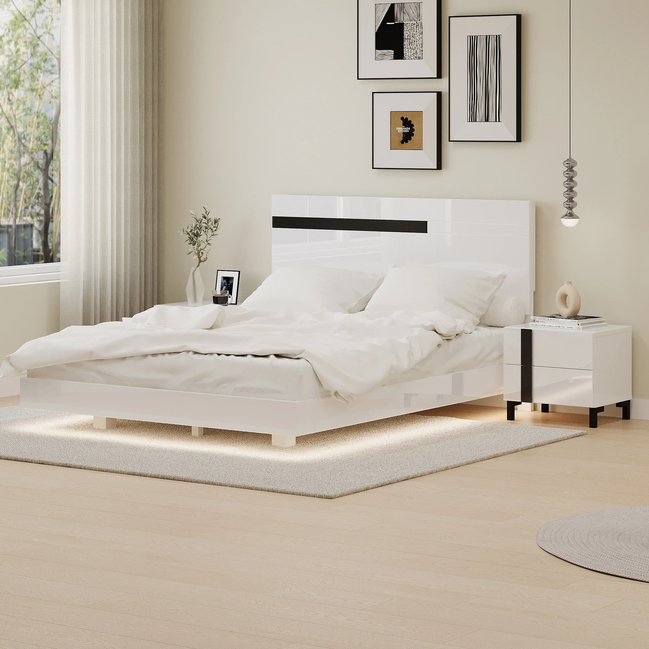 Roomfitters Modern 3 Piece Glossy Queen Platform Bed Set, Lighted Frame, 2 Nightstands, White