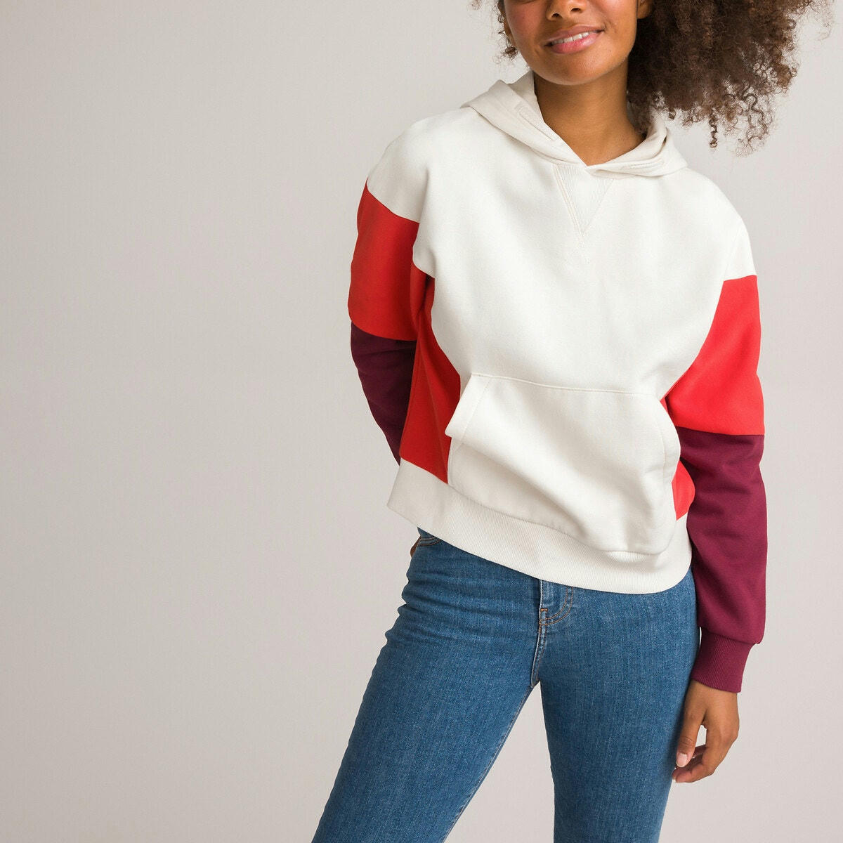 Sweat à capuche colorblock en molleton, cropped