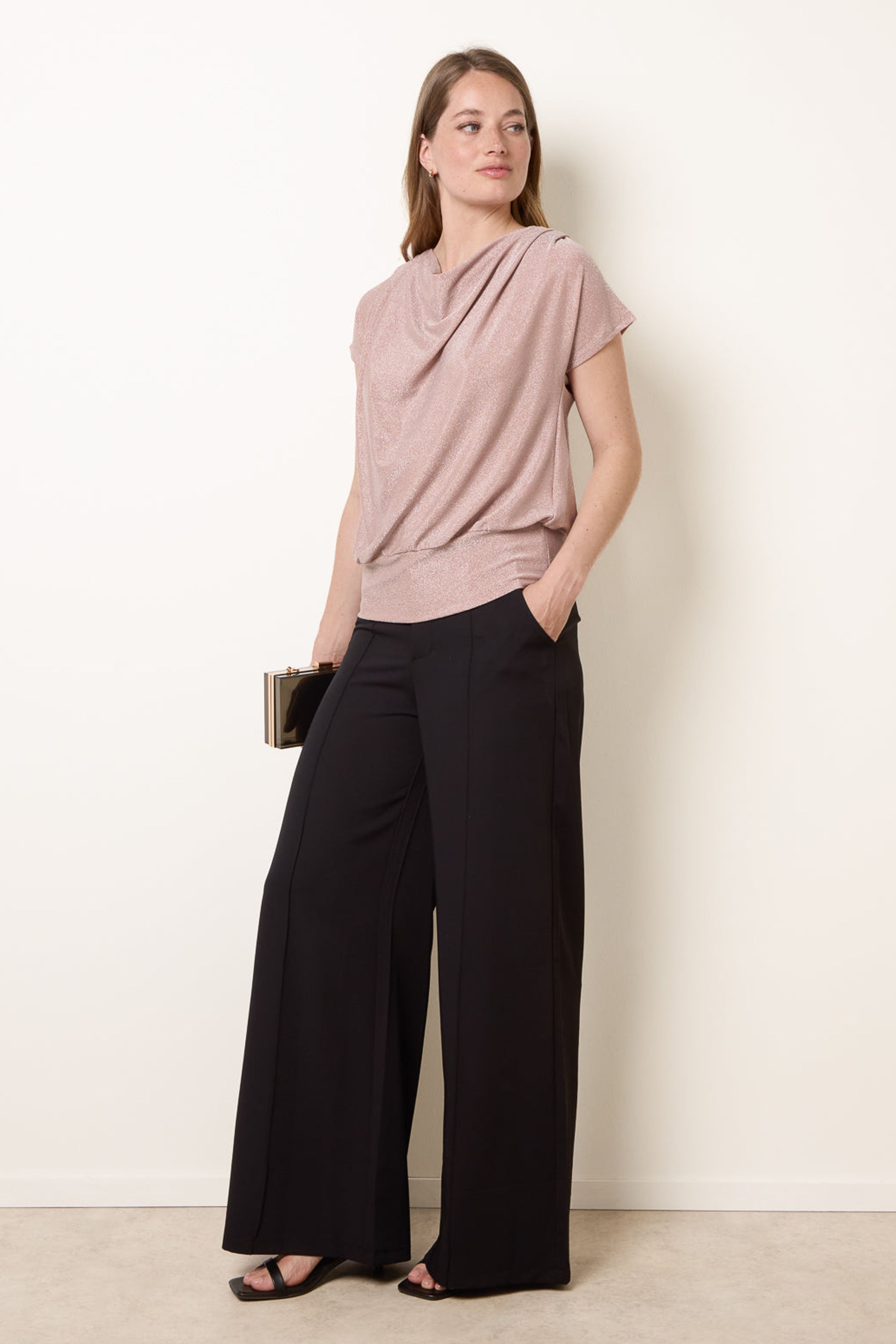 Blue Vanilla Pink Metallic Cowl Neck Draped Top