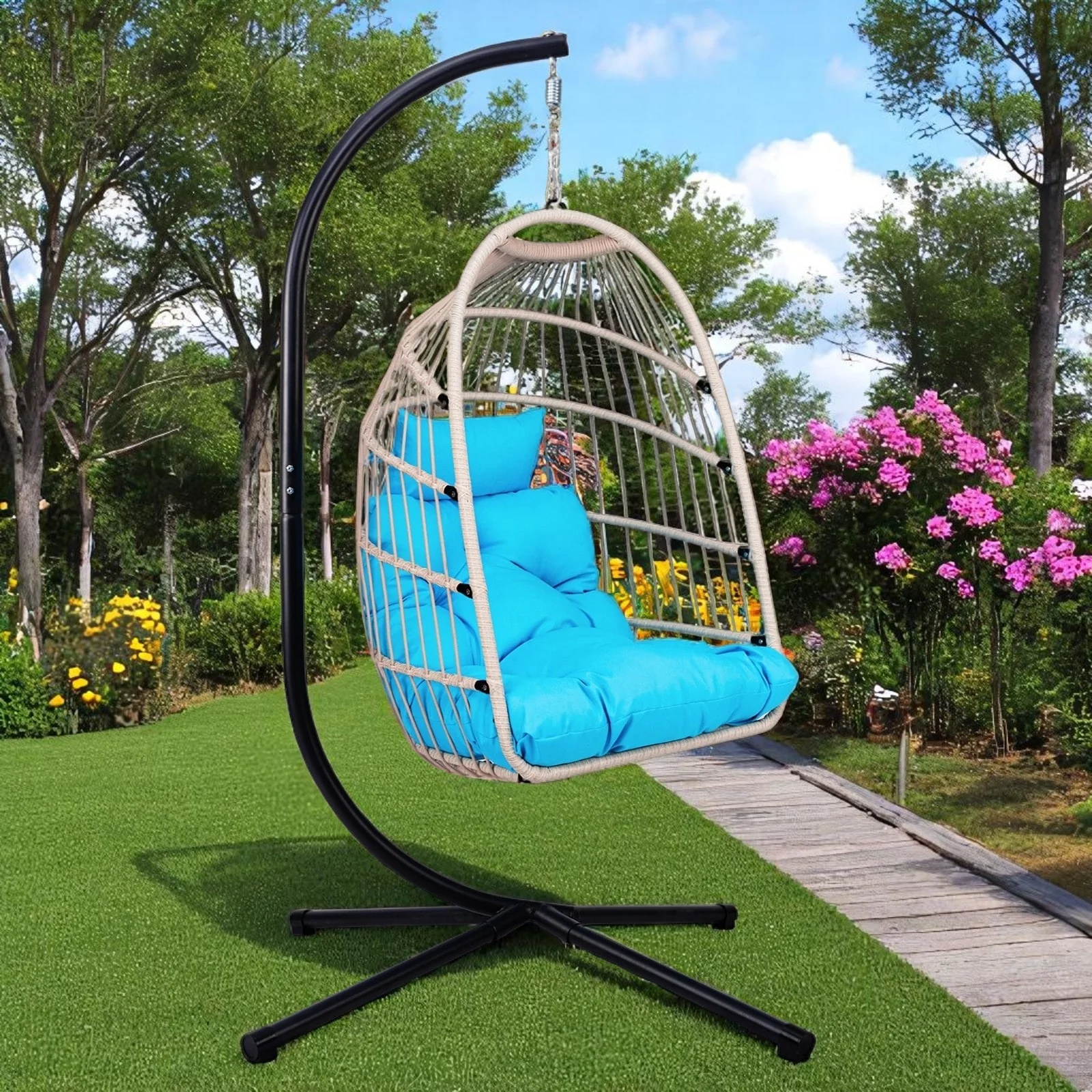 Hanging Egg Chair, Folding Hammock Swing Chair with Washable Cushion & Pillow - Portable Lounge Seating for Patio, or Garden